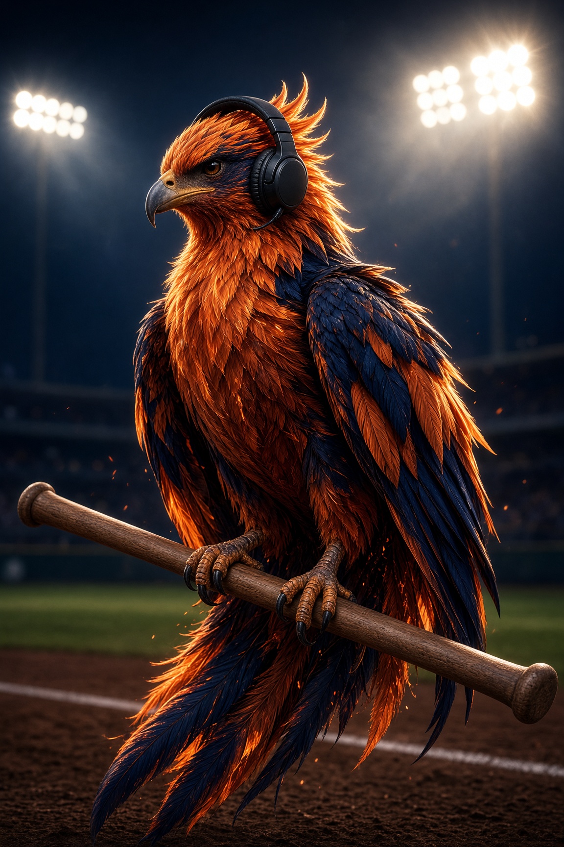 Firecraft phoenix mascot with a headset on a night baseball field